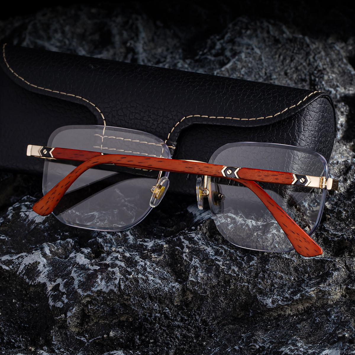 2026 New Auto-Photochromic Rimless Sunglasses for Men & Women – Premium Instant Color-Changing Glasses with Faux Wood Grain Temples Details and Specifications