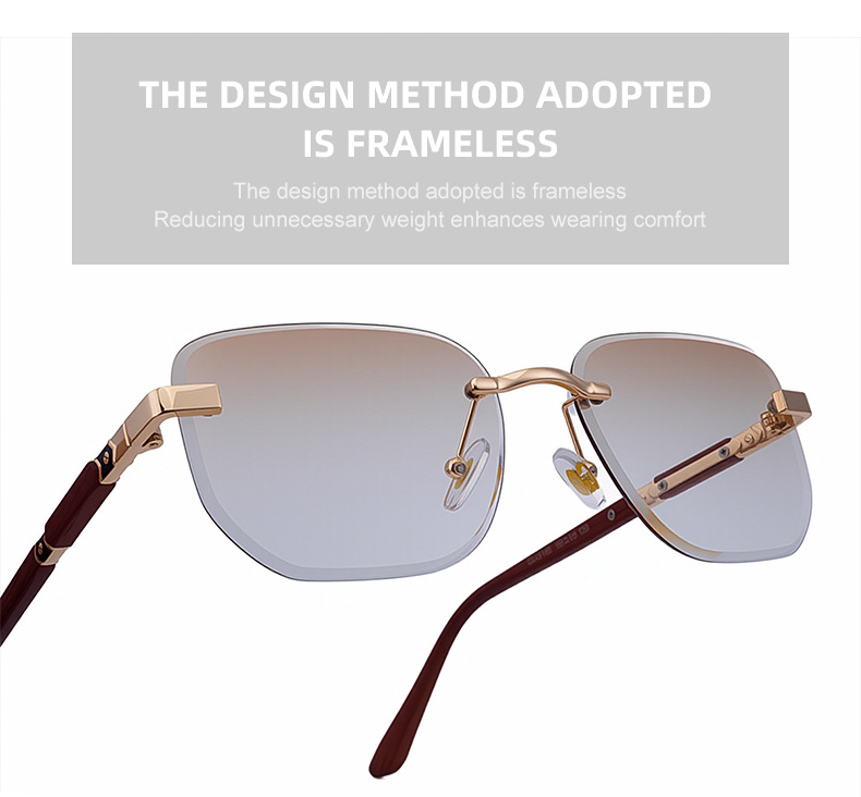 2026 New Auto-Photochromic Rimless Sunglasses for Men & Women – Premium Instant Color-Changing Glasses with Faux Wood Grain Temples Details and Specifications