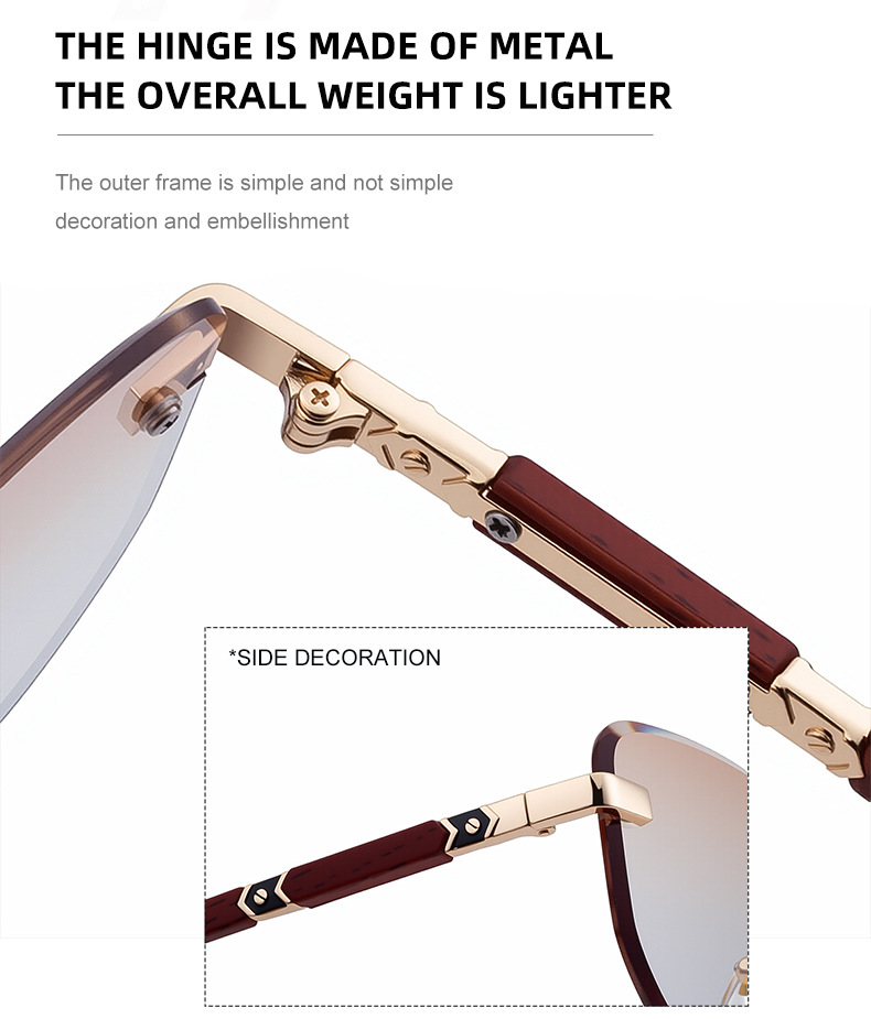 2026 New Auto-Photochromic Rimless Sunglasses for Men & Women – Premium Instant Color-Changing Glasses with Faux Wood Grain Temples Details and Specifications
