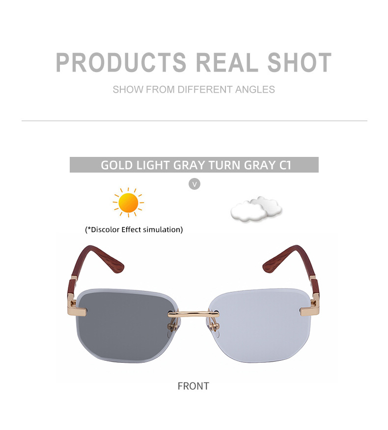 2026 New Auto-Photochromic Rimless Sunglasses for Men & Women – Premium Instant Color-Changing Glasses with Faux Wood Grain Temples Details and Specifications