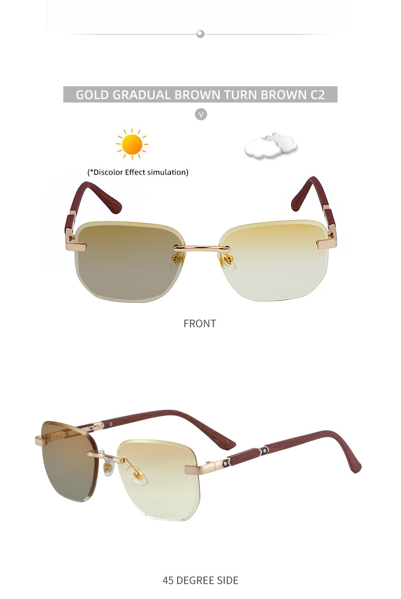 2026 New Auto-Photochromic Rimless Sunglasses for Men & Women – Premium Instant Color-Changing Glasses with Faux Wood Grain Temples Details and Specifications
