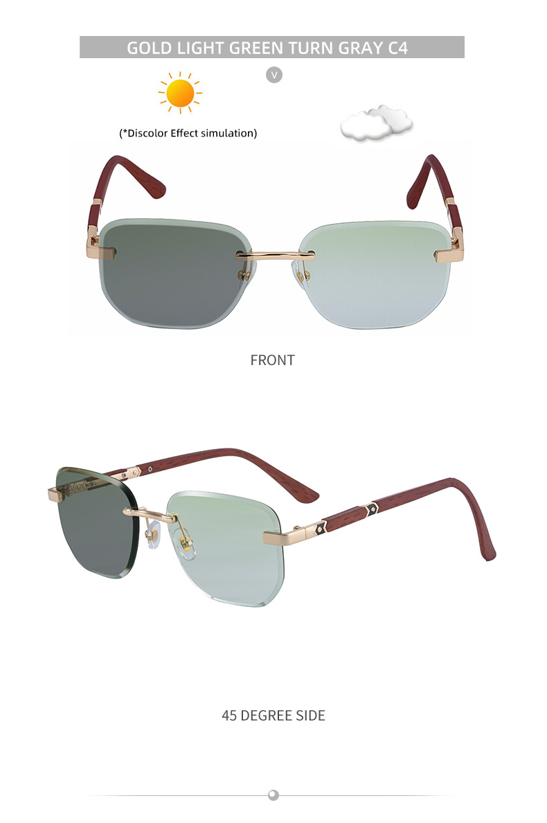 2026 New Auto-Photochromic Rimless Sunglasses for Men & Women – Premium Instant Color-Changing Glasses with Faux Wood Grain Temples Details and Specifications