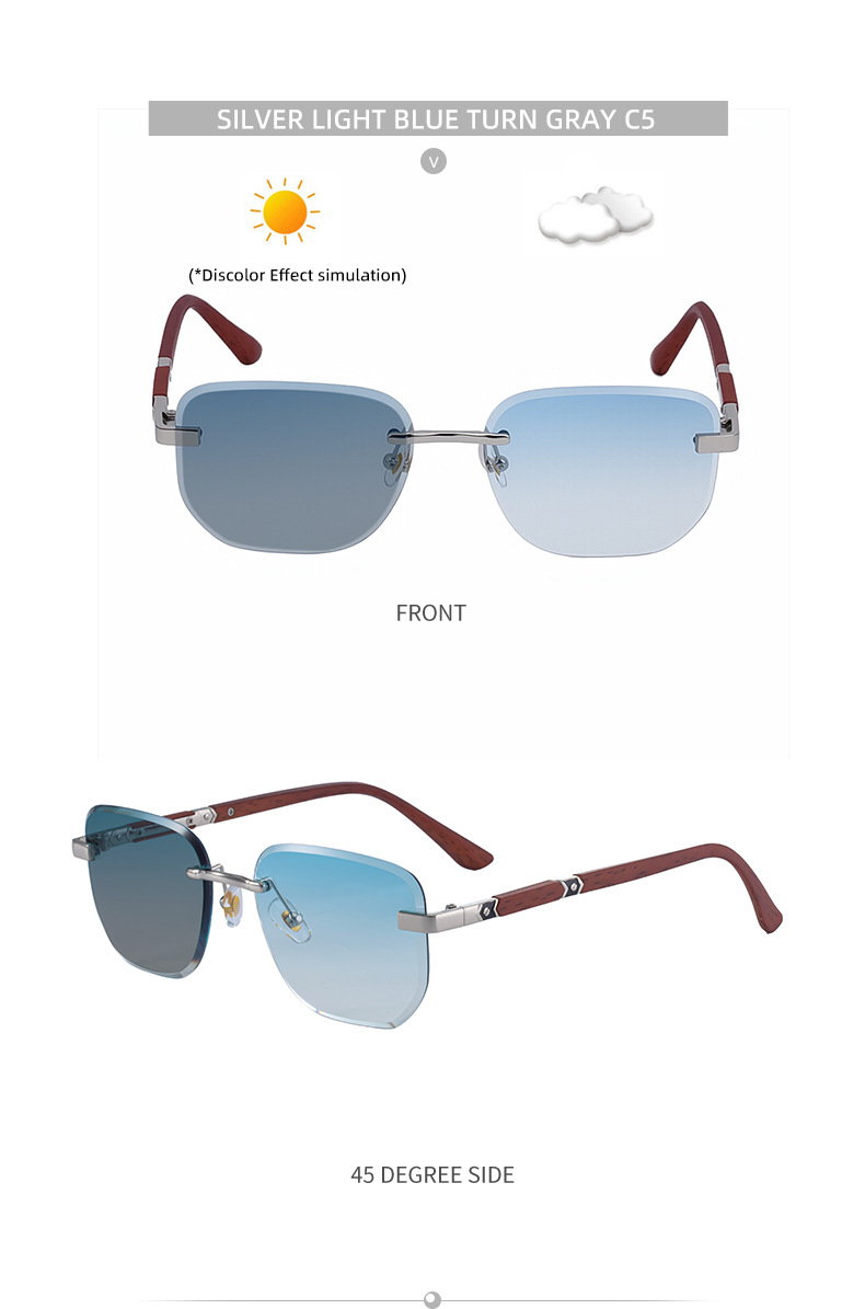 2026 New Auto-Photochromic Rimless Sunglasses for Men & Women – Premium Instant Color-Changing Glasses with Faux Wood Grain Temples Details and Specifications
