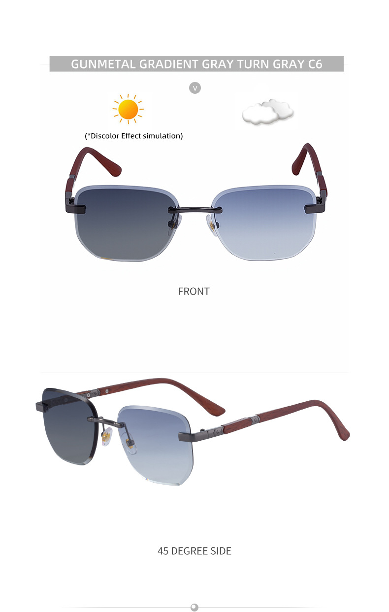 2026 New Auto-Photochromic Rimless Sunglasses for Men & Women – Premium Instant Color-Changing Glasses with Faux Wood Grain Temples Details and Specifications