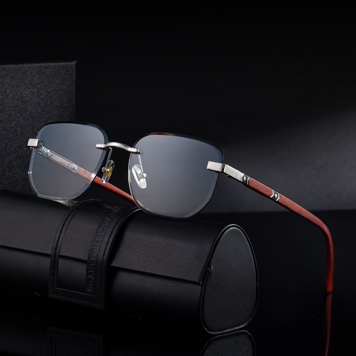 2026 New Auto-Photochromic Rimless Sunglasses for Men & Women – Premium Instant Color-Changing Glasses with Faux Wood Grain Temples Custom Eyewear