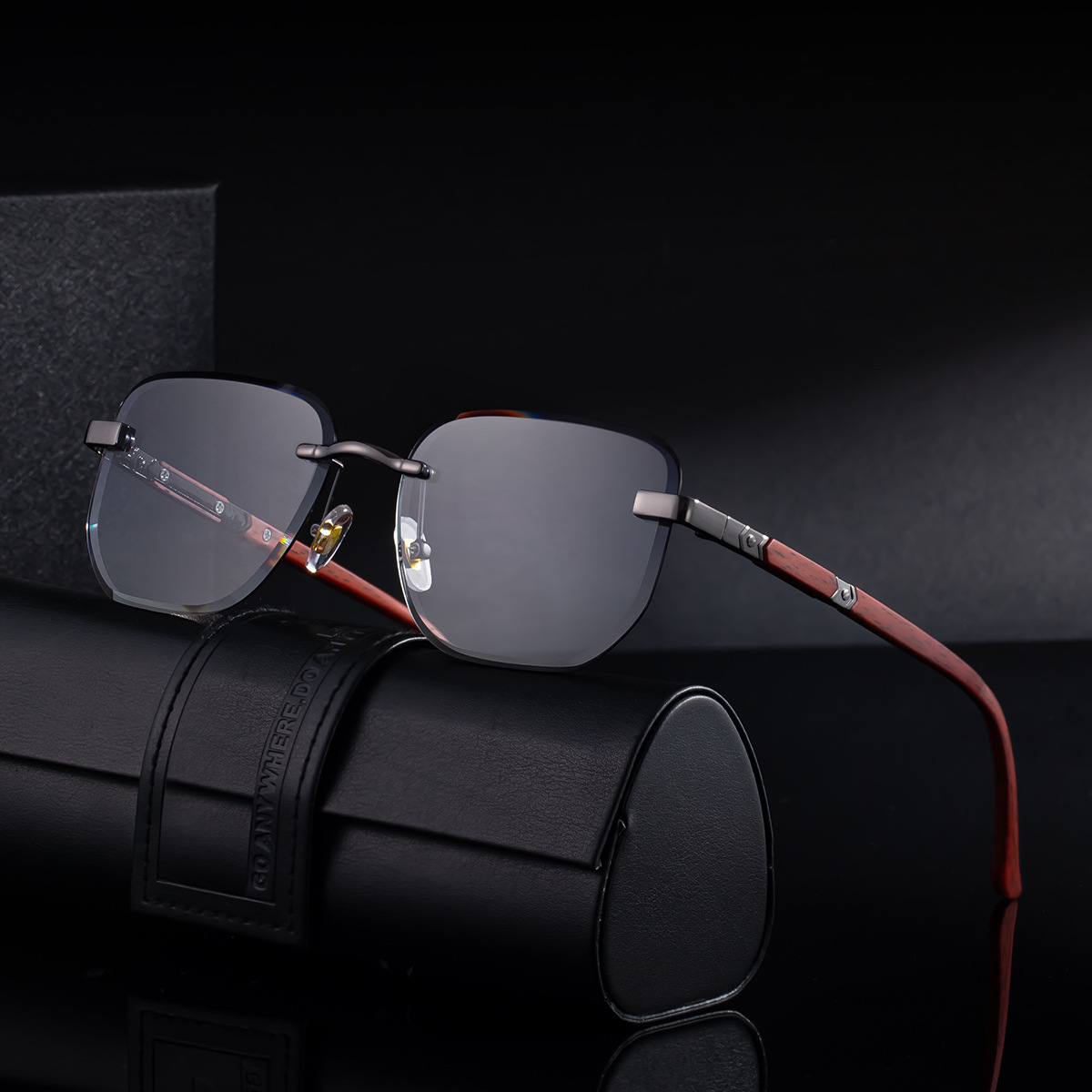 2026 New Auto-Photochromic Rimless Sunglasses for Men & Women – Premium Instant Color-Changing Glasses with Faux Wood Grain Temples Custom Eyewear