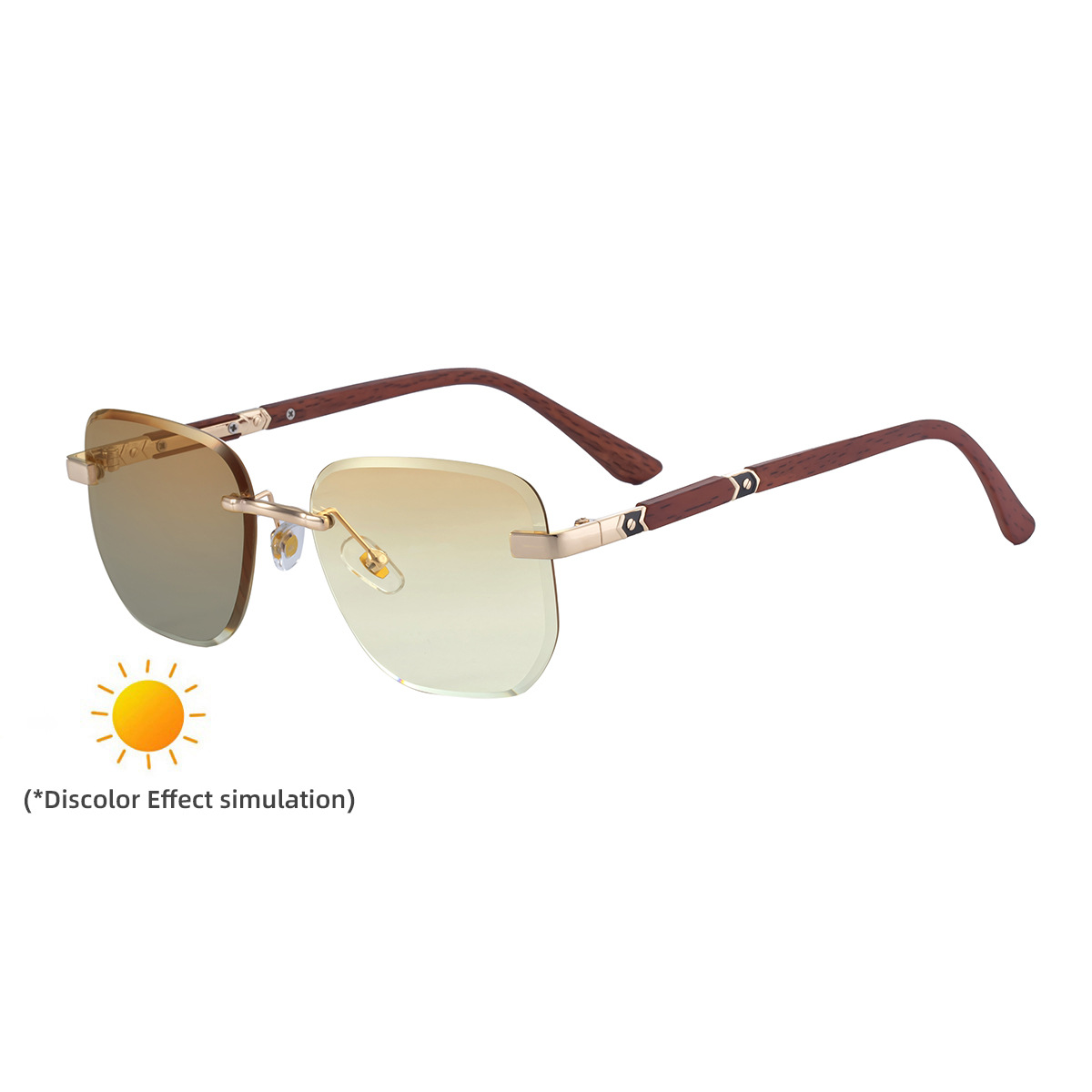 2026 New Auto-Photochromic Rimless Sunglasses for Men & Women – Premium Instant Color-Changing Glasses with Faux Wood Grain Temples Custom Eyewear