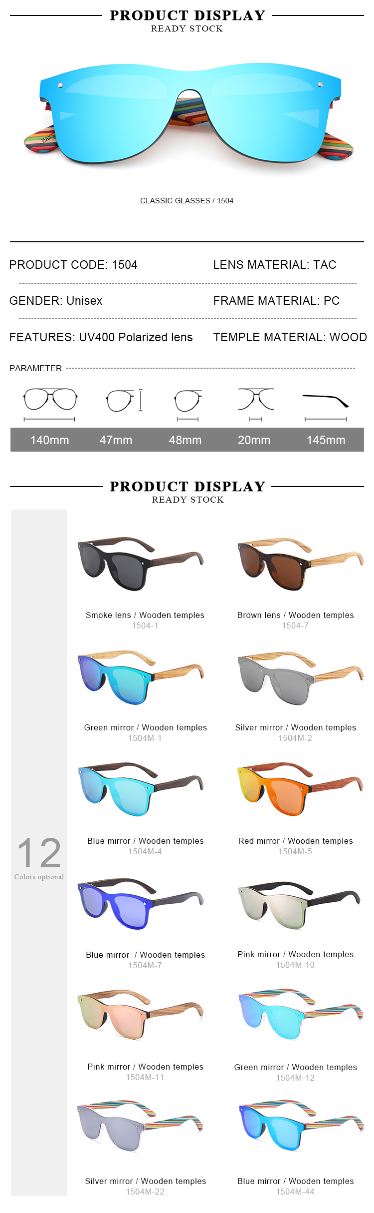Hot Selling Factory Print Logo Wooden Sunglasses 2025 Custom Polarized Mirror Wood Bamboo Black Sunglasses for Unisex Details and Specifications
