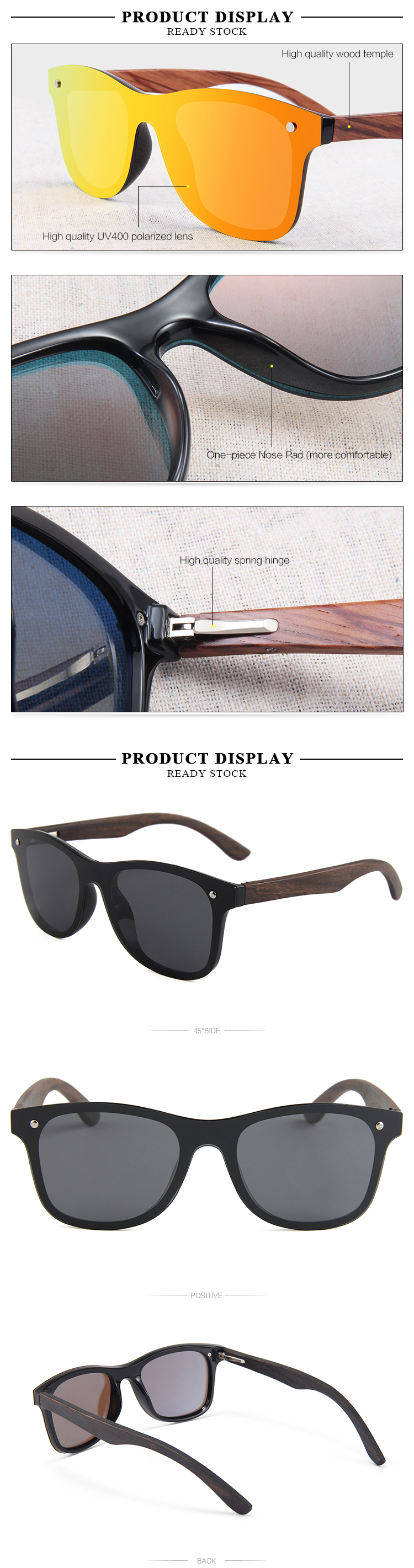 Hot Selling Factory Print Logo Wooden Sunglasses 2025 Custom Polarized Mirror Wood Bamboo Black Sunglasses for Unisex Details and Specifications